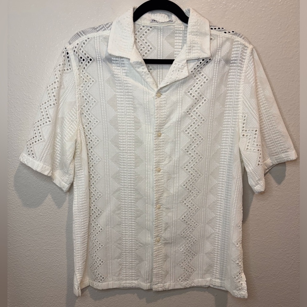 Zara Men’s Relaxed Fit White Short‎ Sleeves Geometric Textured Shirt Size L